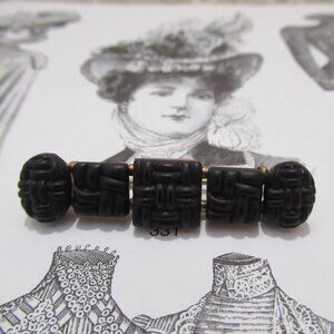 Victorian Mourning Brooch Crepe Stone French Jet Black Glass Bar Pin Antique
